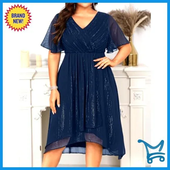 chinese dress ladies Navy Wedding Guest Dress 2026 Long Sleeve A Line Formal Midi Dress with Waist Tie and Split Neck, S / Dark Blue main image 1